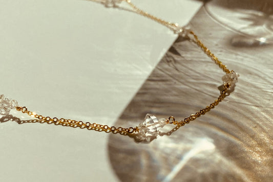 This is a Herkimer Diamond station style necklace with dainty gold chain.