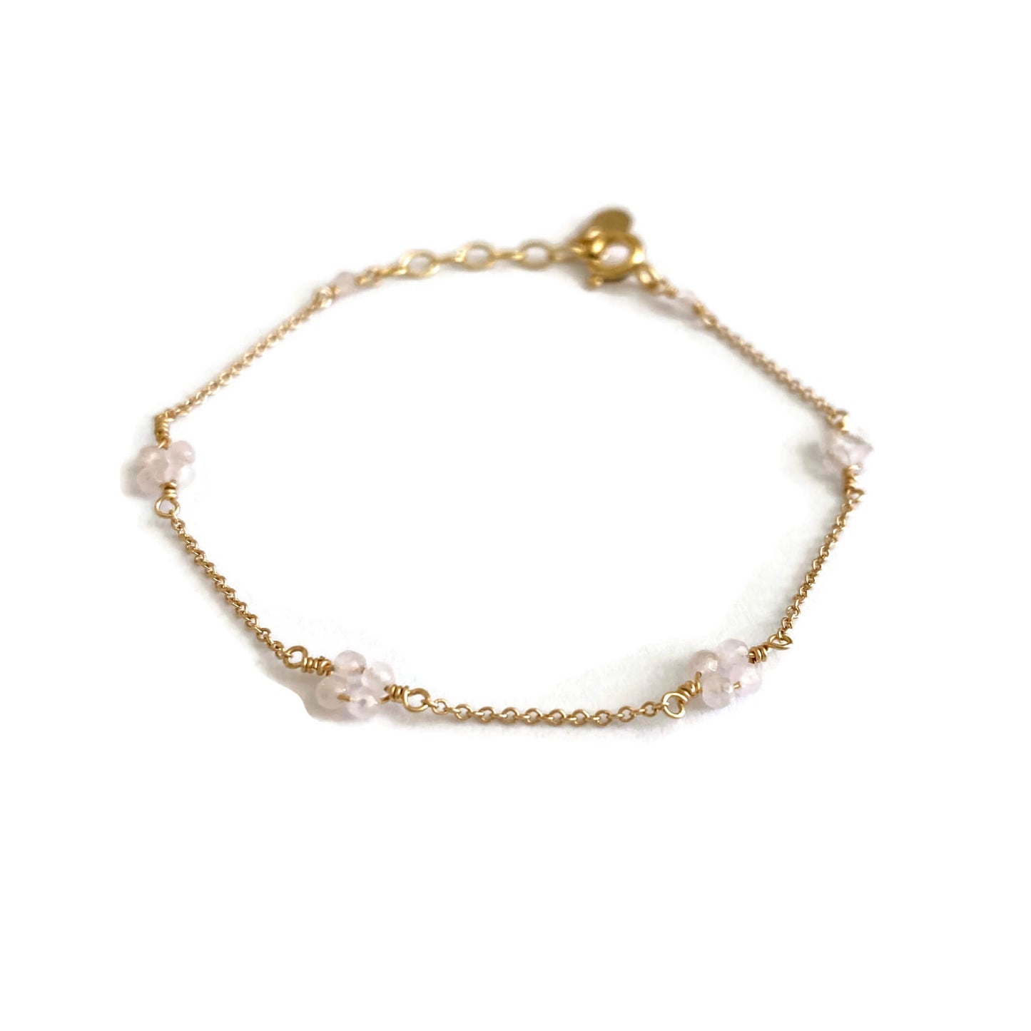 This dainty rose quartz bracelet can be made in 14k solid gold, gold filled or sterling silver.