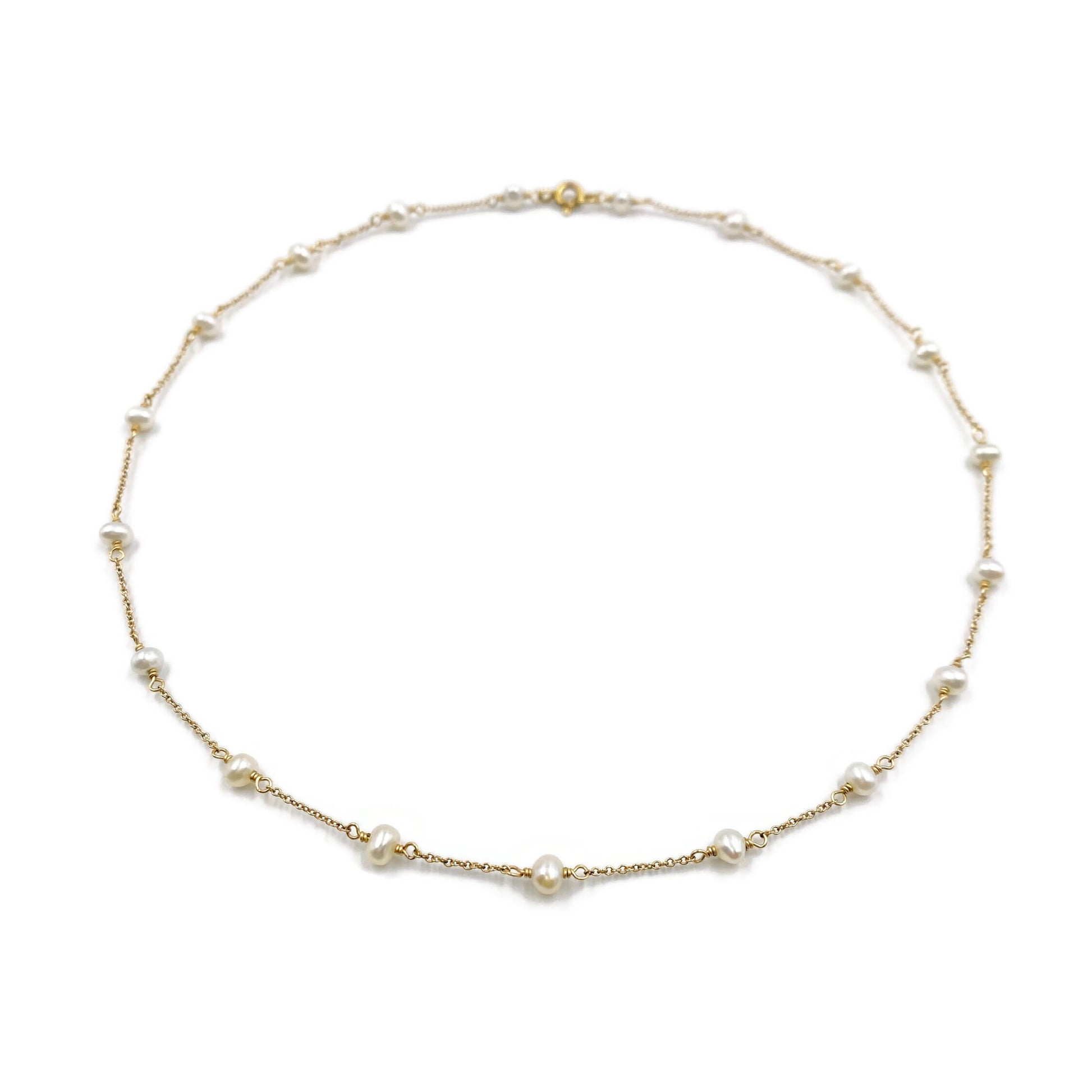 This is a pearl chain necklace that can be made in 14k solid gold or gold filled chain.