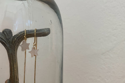 Gold threader Rose Quartz star earrings hanging in the display