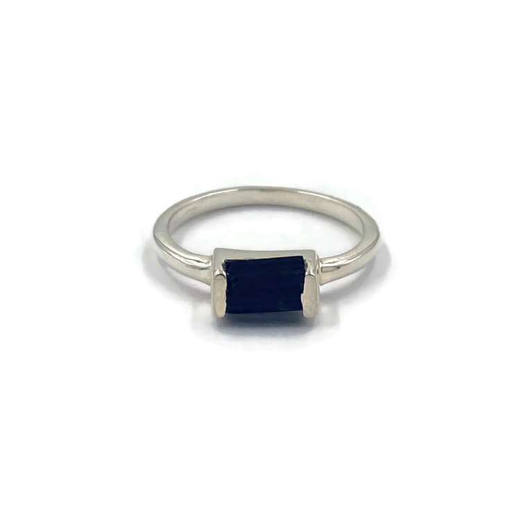 This is a sterling silver black tourmaline ring in Baguette style. It's made of genuine rough black tourmaline for protection and grounding.