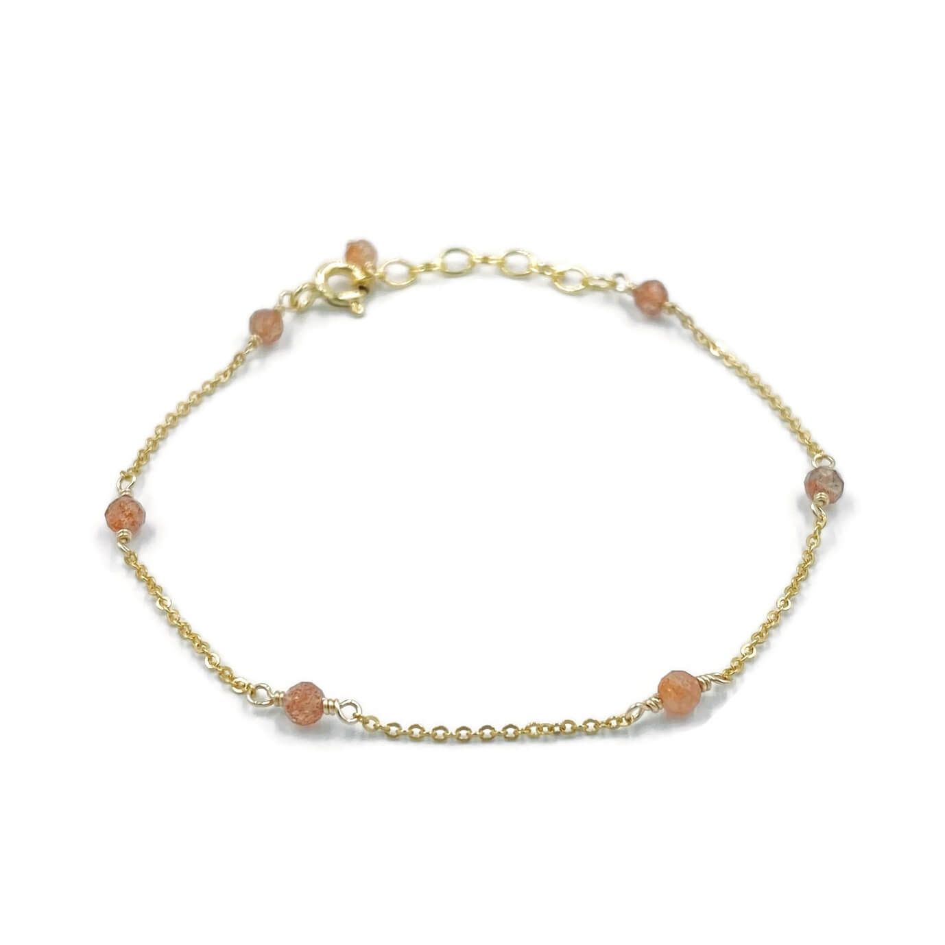 This is a dainty sunstone bracelet that is made of gold filled chain.