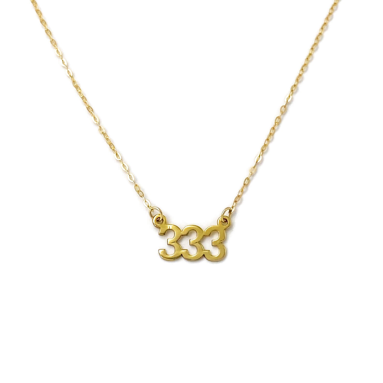 This is a gold 333 angel number necklace. It's made of gold filled 333 charm with gold filled chain. It's high quality material that you can wear it 24/7