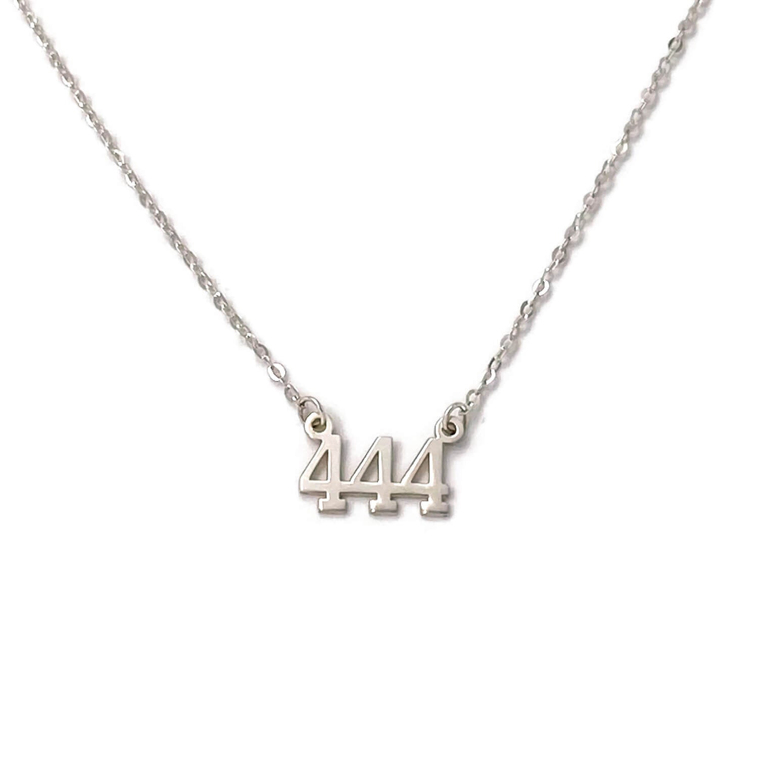 This is a sterling silver 444 angel number necklace. We can make it in 16" or 18" long.