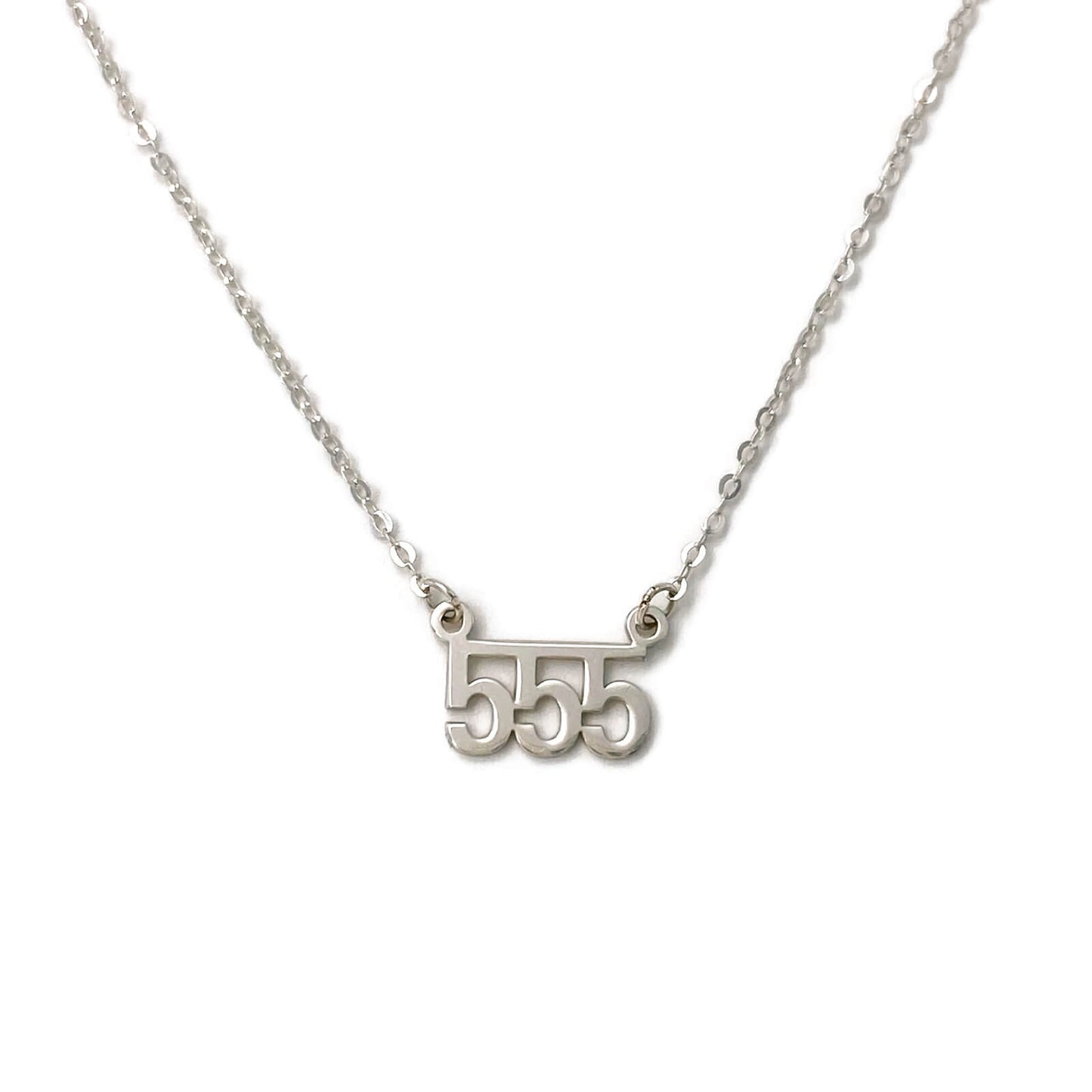 This is a silver 555 Angel number necklace. We can make it in 16" or 18" for you.