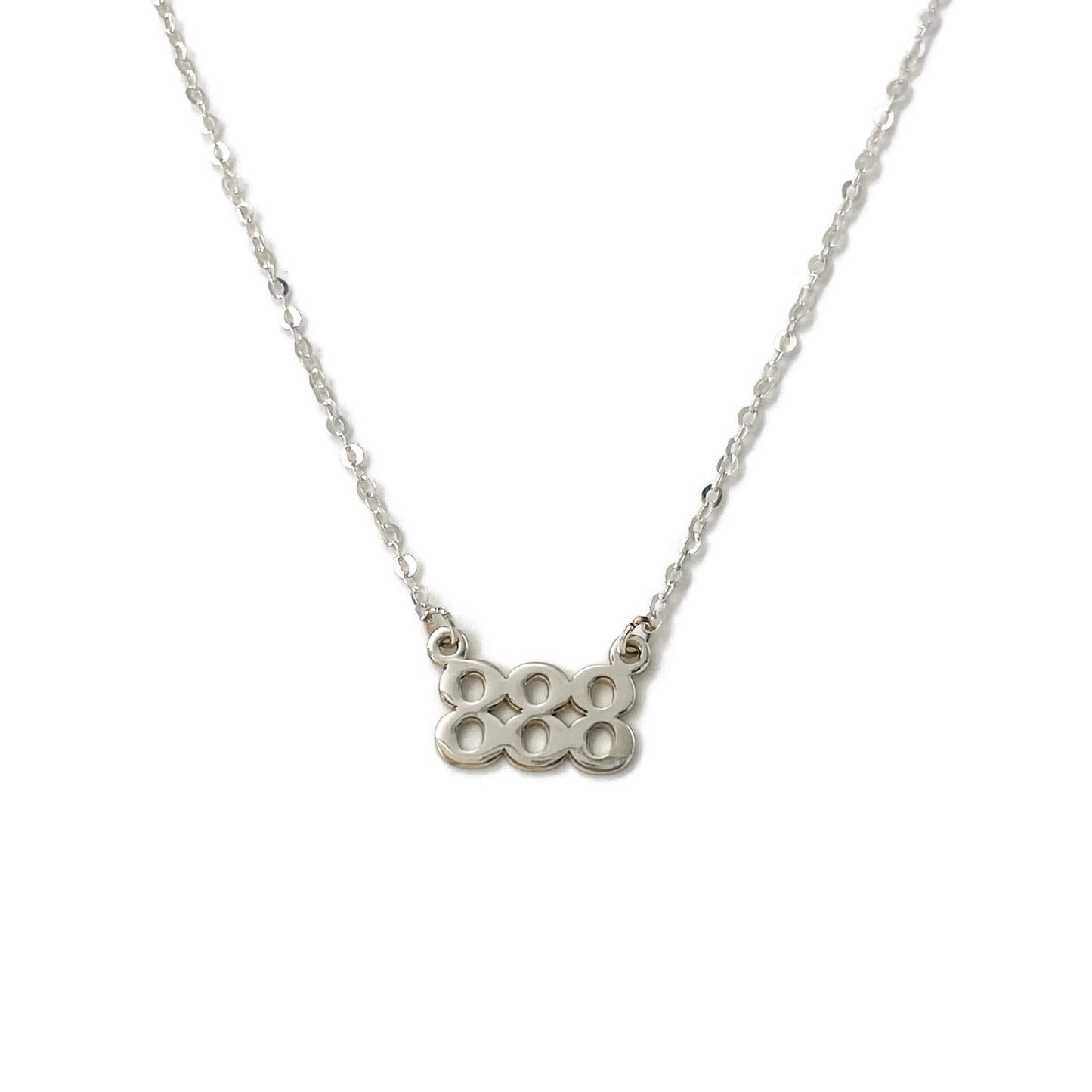 This is a sterling silver 888 Angel Number necklace. We can make it in 16" or 18" for you.