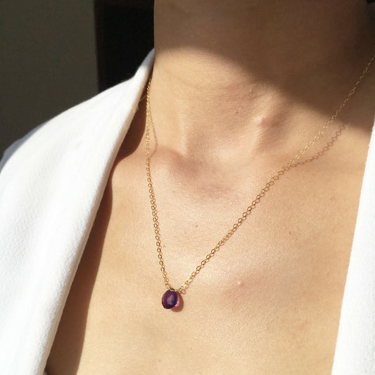 This amethyst necklace is adjustable. You can wear it at normal length or as a choker. This Amethyst crystal necklace can be made in 14k gold, sterling silver or gold filled chain.