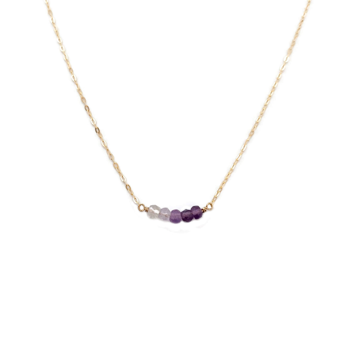 Ombre amethyst necklace with faceted purple and clear gemstone beads on a delicate gold chain.