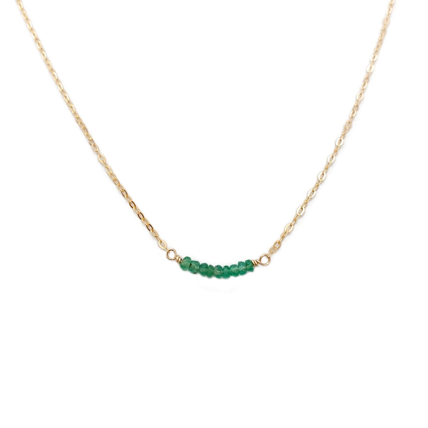 This dainty emerald bead necklace is made of 14k solid gold chain and genuine Colombian emerald beads.