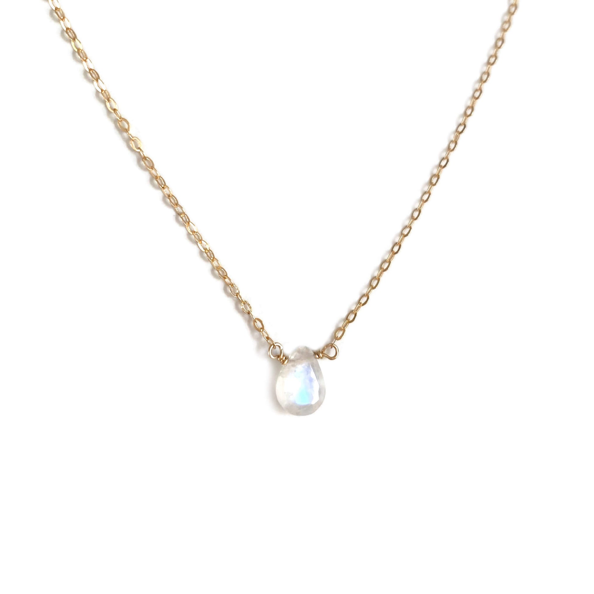 The rainbow moonstone necklace is adjustable from 16 inches to 18 inches long.