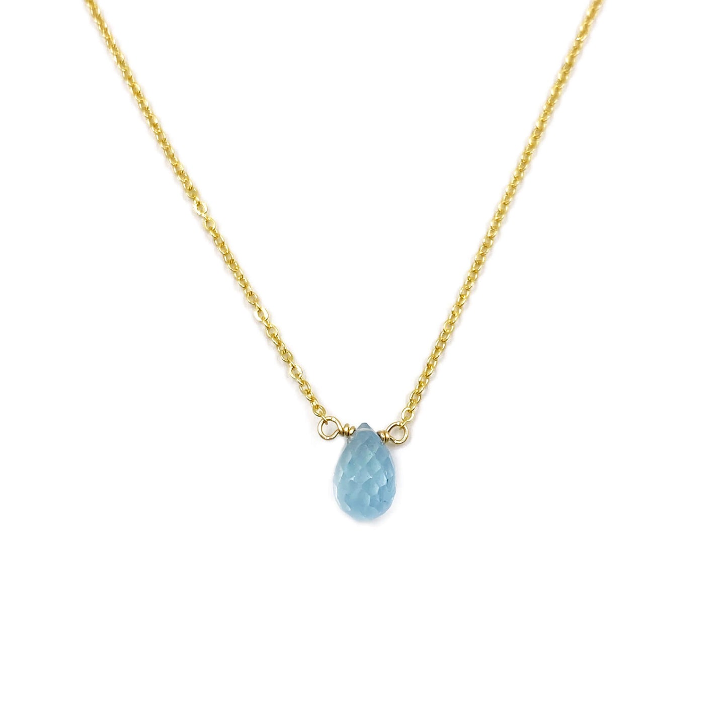 This aquamarine necklace is dainty and delicate. It can be made of 14k solid gold or 14k gold filled material.