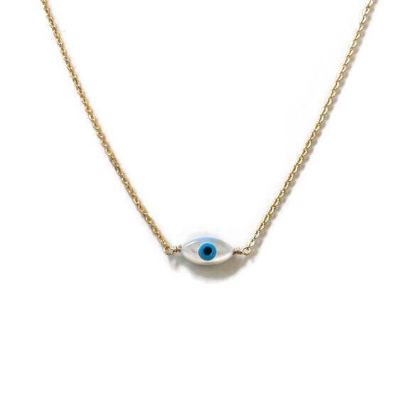 This evil eye necklace is made of mother of pearl with gold filled chain in 16" long.