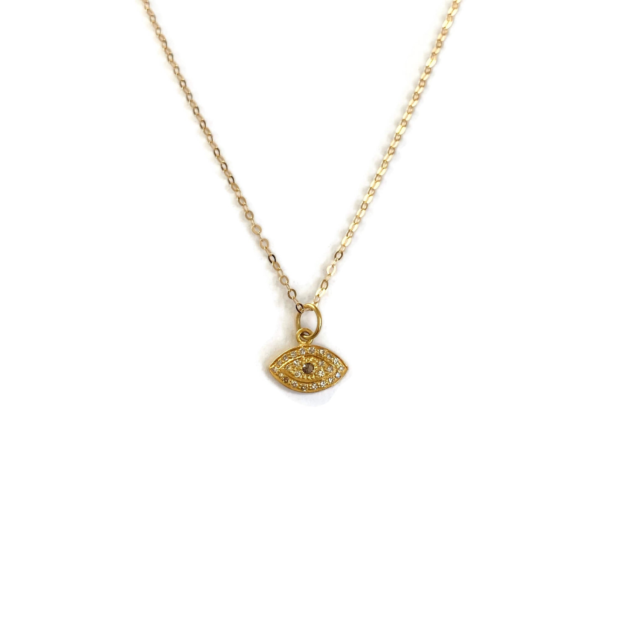 This is a 14k gold diamond evil eye necklace that is made of genuine natural diamonds with solid 14k gold.