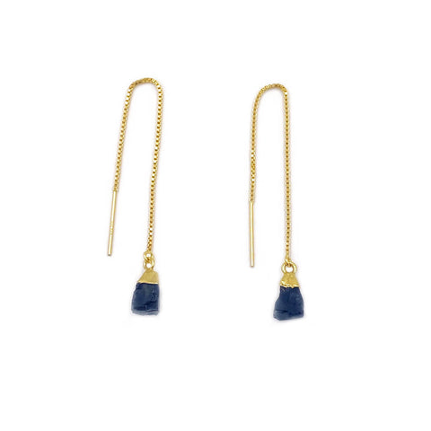 a pair of gold threader style earring with black onyx stone. 