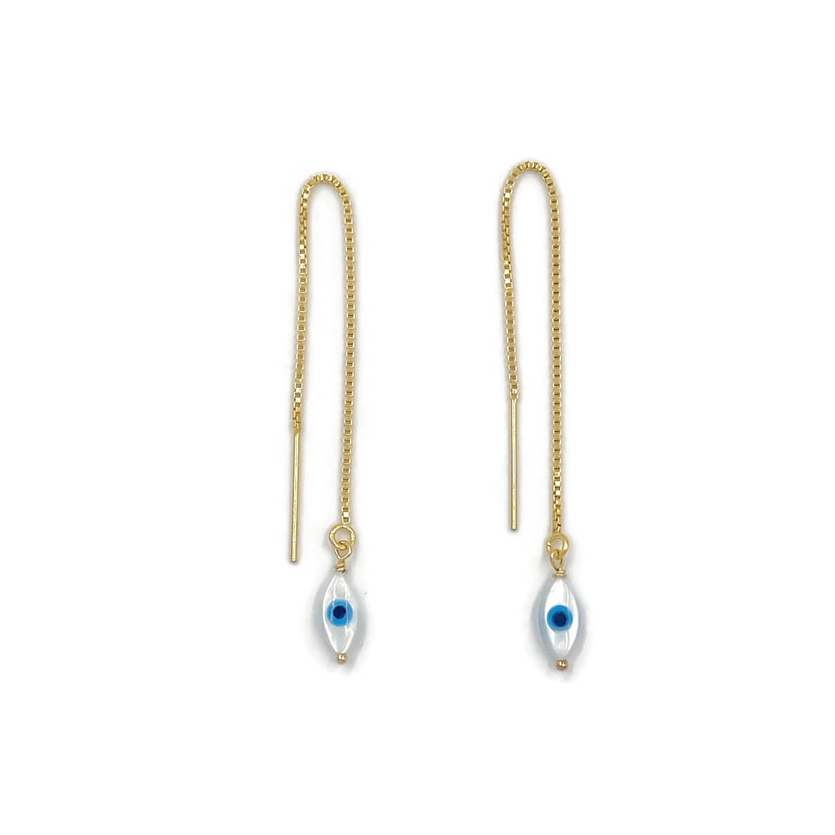 These gold Evil Eye Threader Earrings are  made in gold filled and evil eye mother of pearl charms.