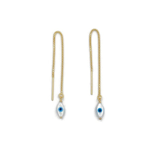 These gold Evil Eye Threader Earrings are  made in gold filled and evil eye mother of pearl charms.