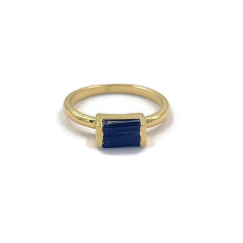 This is a gold black tourmaline ring that is gold vermeil over sterling silver with genuine rough tourmaline gemstone. 