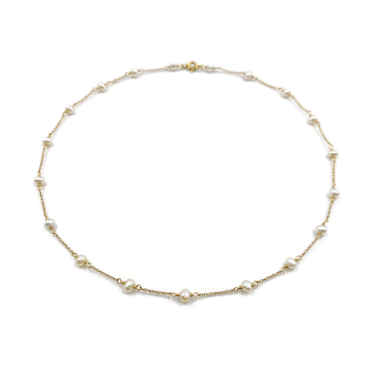 This is a pearl chain necklace that can be made in 14k solid gold or gold filled chain. 