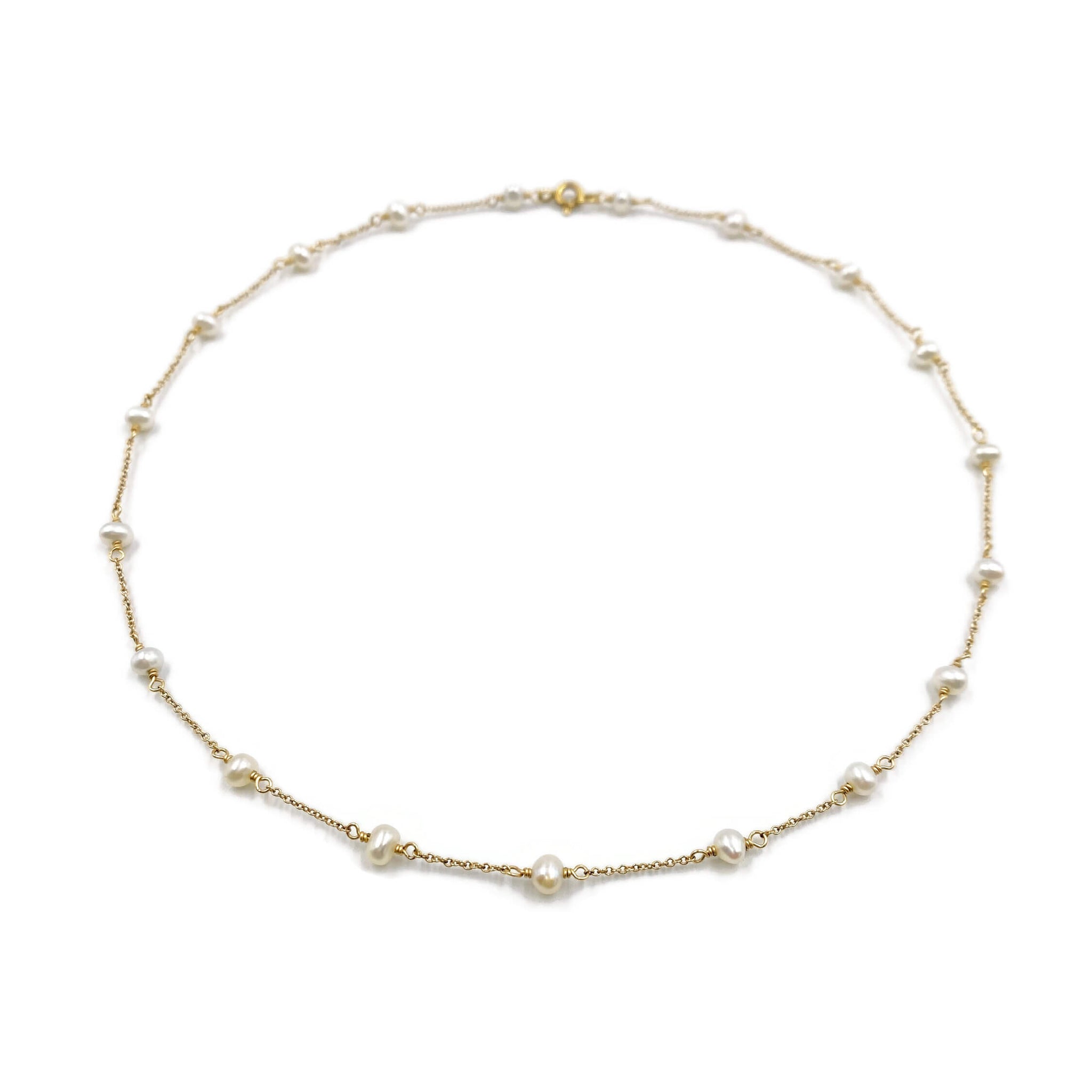 This is a pearl chain necklace that can be made in 14k solid gold or gold filled chain. 