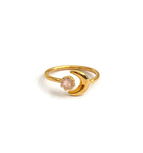 This is a gold moon ring that is made of Rose Quartz gemstone with sterling silver plated with thick layer of solid 18k gold