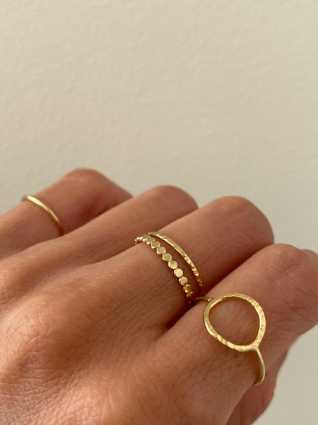 Layering with gold filled full circle ring, dainty hammer texture ring ,gold filled dot ring and gold filled pinky ring.