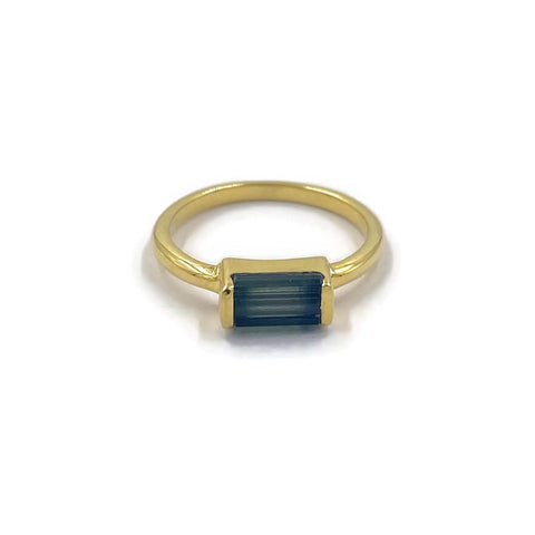 This is a gold green tourmaline ring that is made of genuine rough green tourmaline with gold vermeil over sterling silver.  