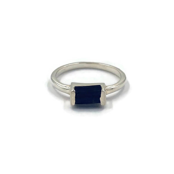 This is a sterling silver black tourmaline ring in Baguette style. It's made of genuine rough black tourmaline for protection and grounding. 