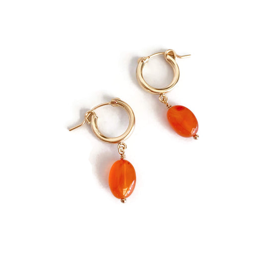 Carnelian hoop earrings are made of genuine Carnelian crystal with gold filled hoops.