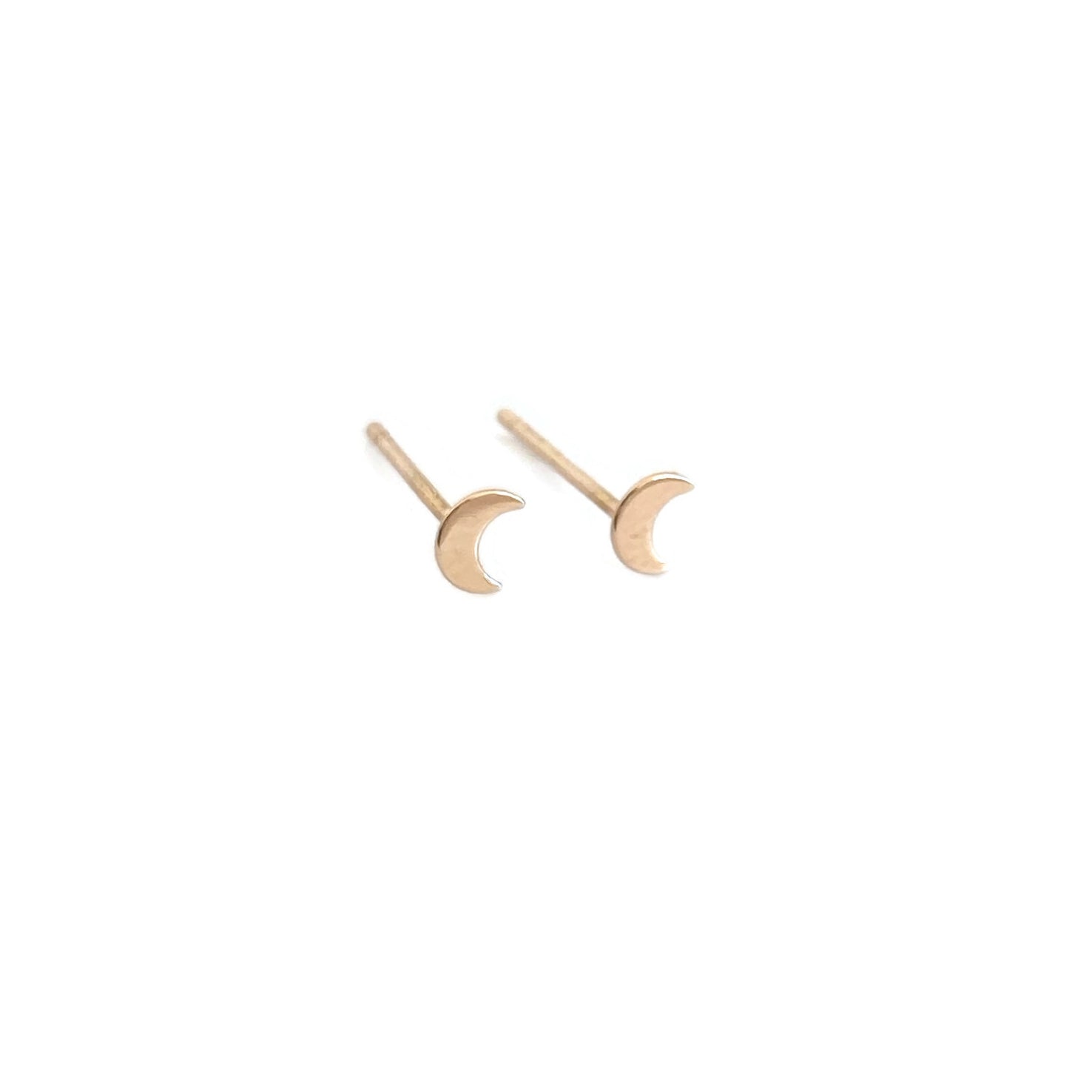 tiny 14k moon stud earrings are made of solid 14k gold with 14k ear posts