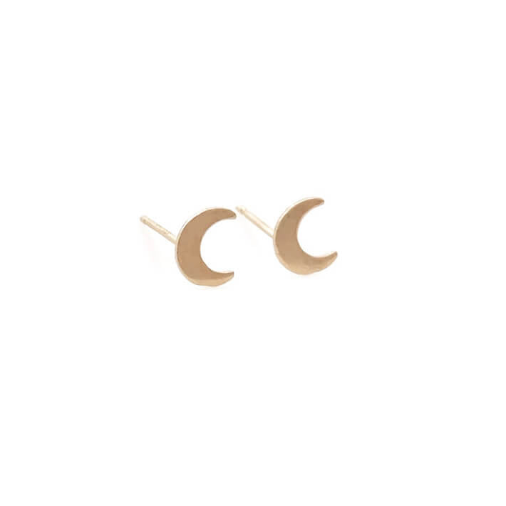 Gold crescent moon stud earrings are made of 14k gold moons and 14k gold ear posts. These are stud earrings for earlobe.