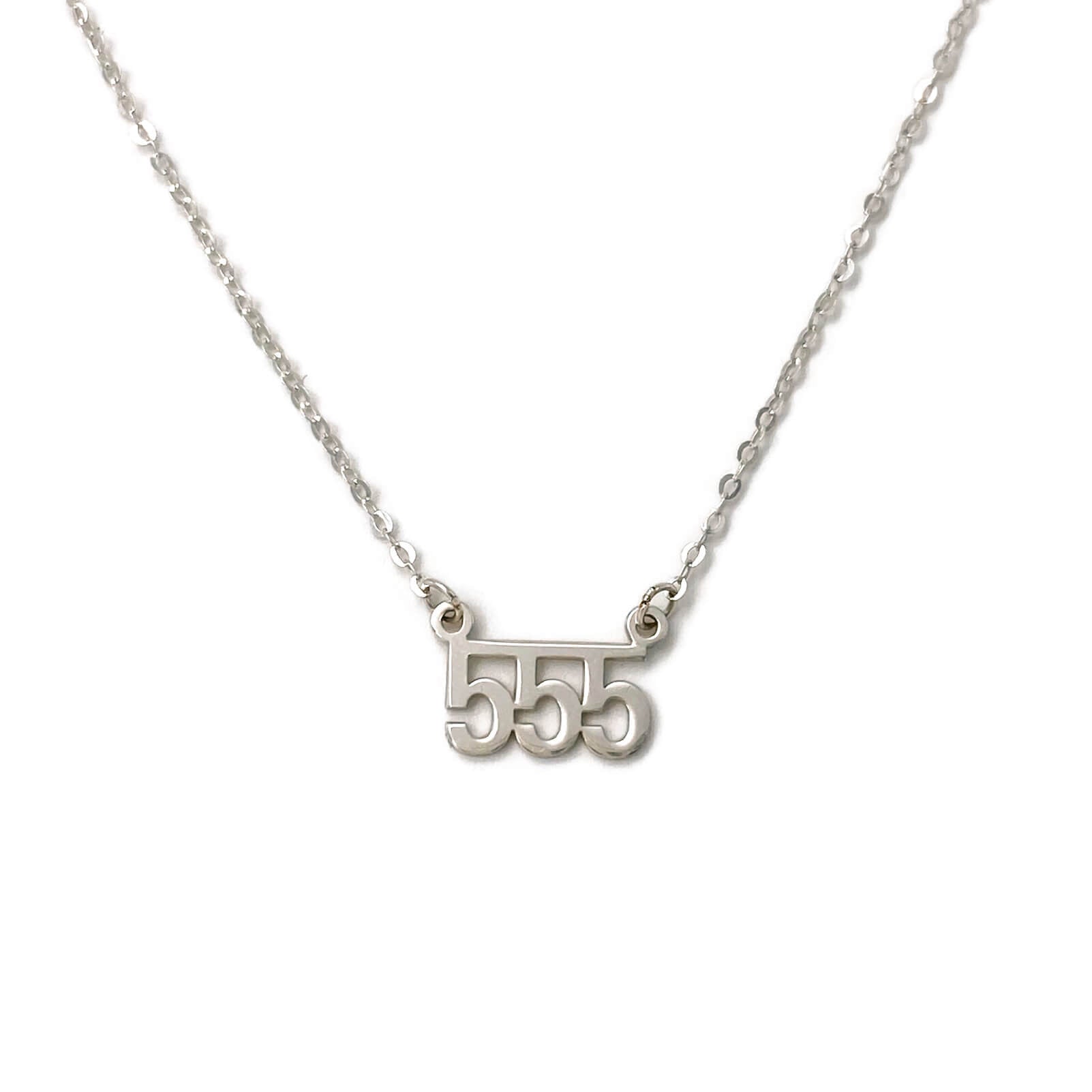 This is a silver 555 Angel number necklace. We can make it in 16" or 18" for you. 