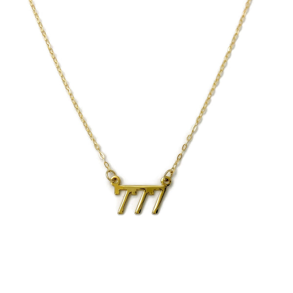 This is a gold 777 Angel Number necklace that is made of gold filled 777 charm and dainty gold filled chain from Italy. 