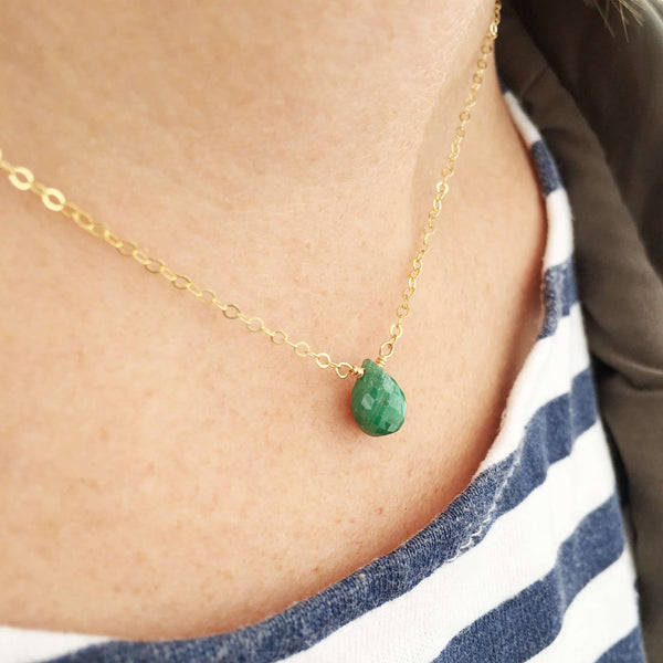 Dainty emerald necklace is made of real emerald and 14k yellow gold chain.  This real emerald necklace can also be made in sterling silver or gold filled chain. 