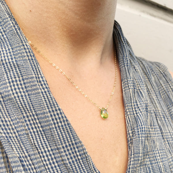 Dainty peridot necklace is made of genuine peridot and 14k gold chain. It can also be made in sterling silver or gold filled chain.