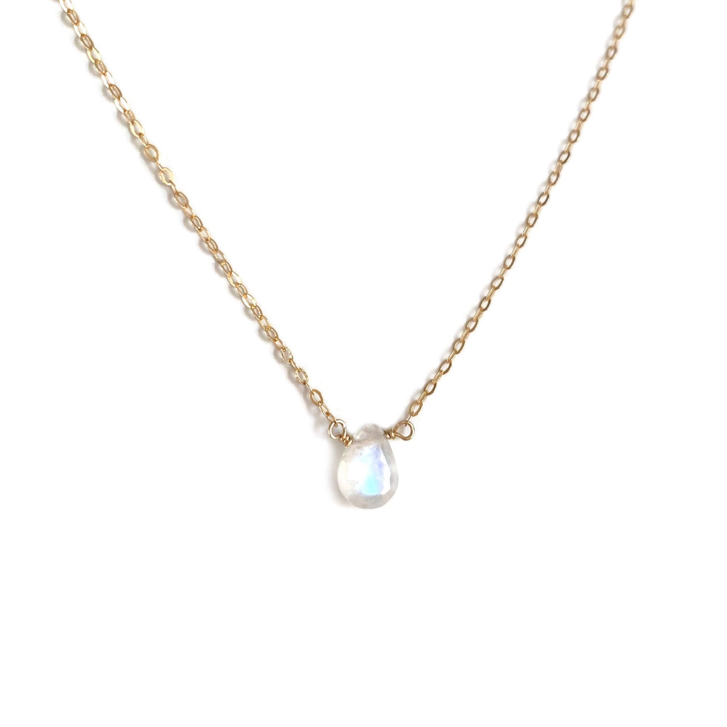 The rainbow moonstone necklace is adjustable from 16 inches to 18 inches long. 
