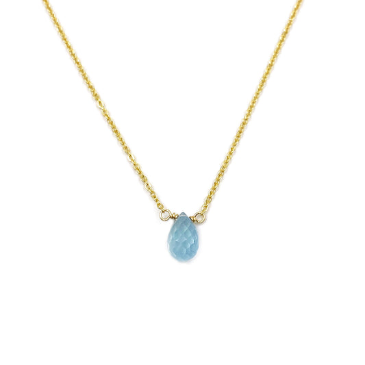 This aquamarine necklace is dainty and delicate. It can be made of 14k solid gold or 14k gold filled material. 