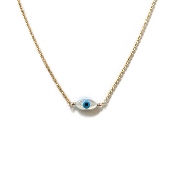 This evil eye necklace is made of mother of pearl with gold filled chain in 16" long. 