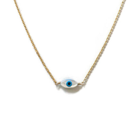 This evil eye necklace is made of mother of pearl with gold filled chain in 16" long. 