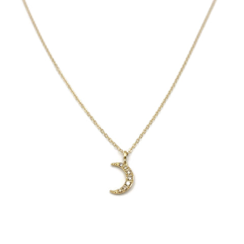 This is a 14k gold crescent diamond necklace. It's made of 14k solid gold with genuine diamonds. 