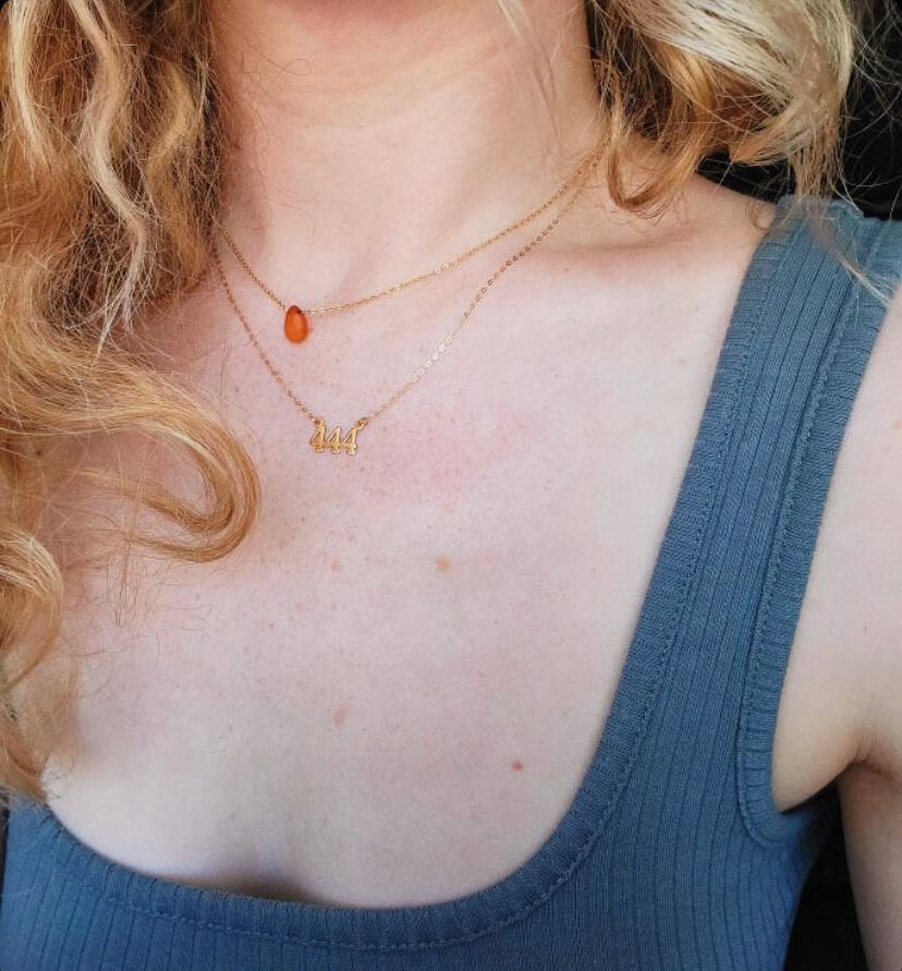 This is a genuine carnelian 16" necklace layering with a 18" 444 angel numbers necklace. They are made of gold filled chains that are high quality. 
